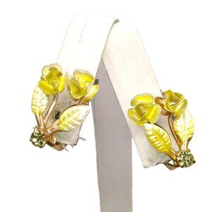 Vintage Austria Yellow Roses Earrings, Clip On Metal Enamel Flowers Floral, Rose